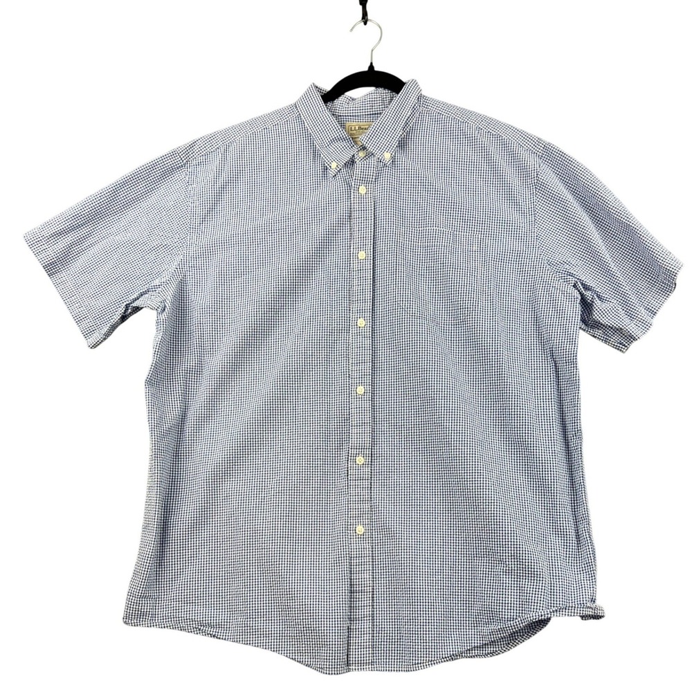 LL Bean Mens XXL Blue Gingham Check Short Sleeve Button Down Shirt 300190